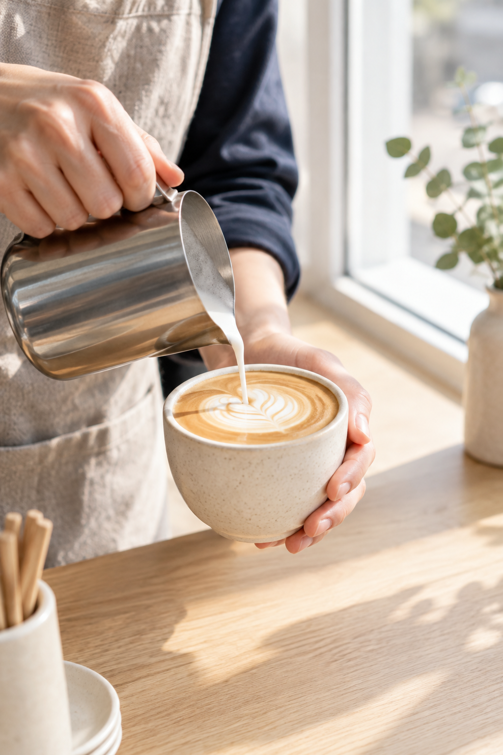A barista pouring silky milk into a ceramic cup of espresso by a sunlit cafe window