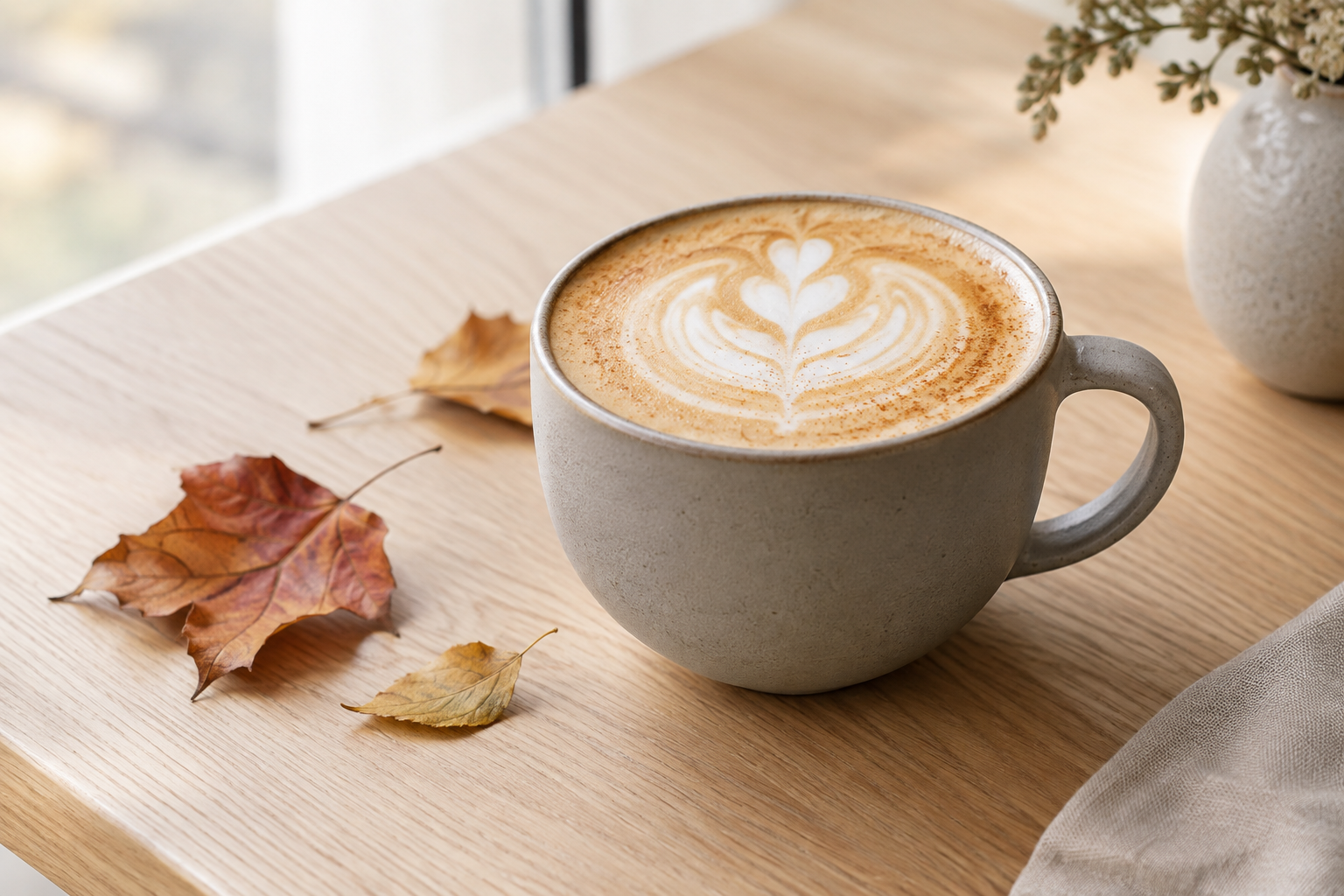 Creamy maple oat latte in a matte ceramic cup beside autumn leaves