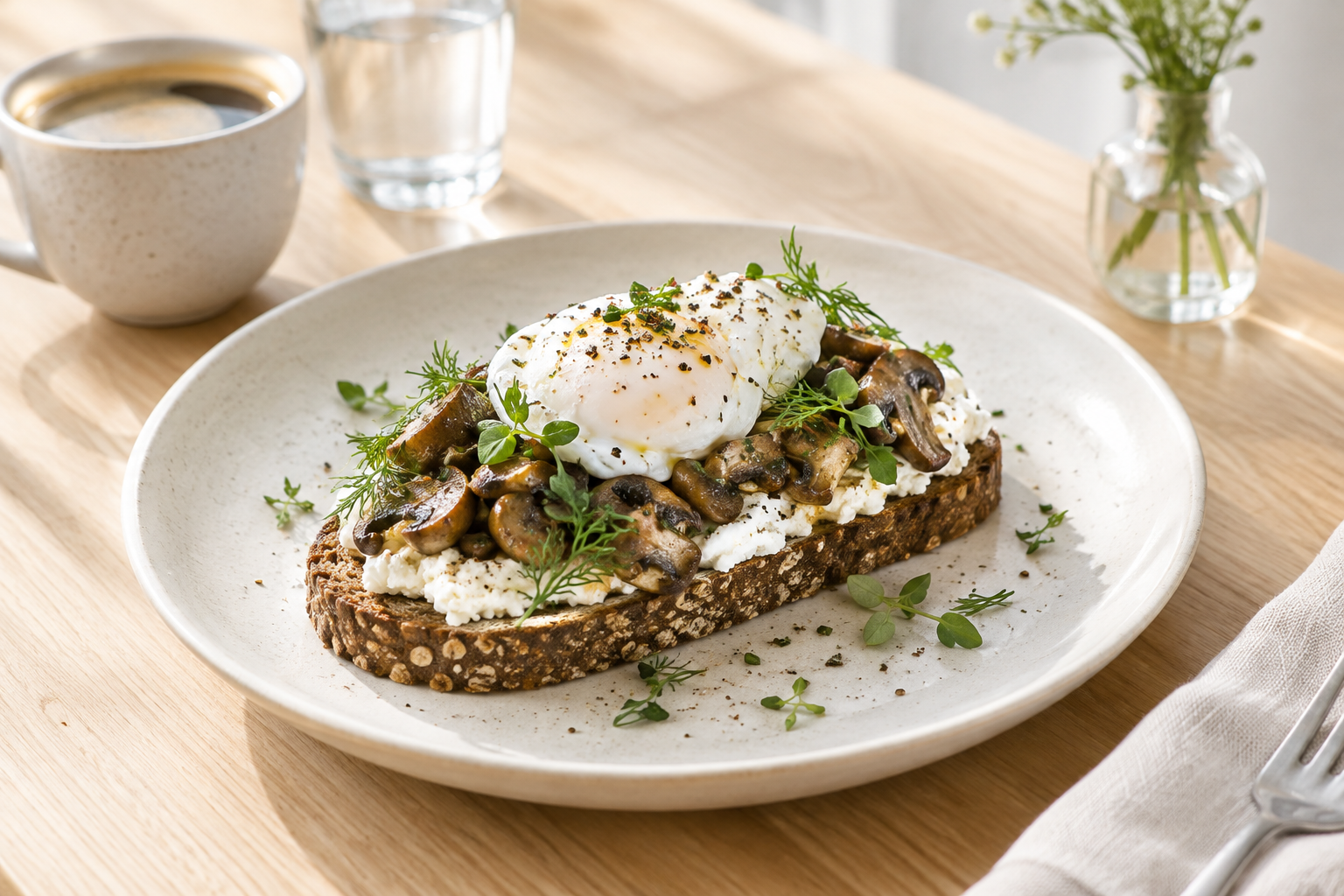 Open rye toast topped with roasted mushrooms, herbs, and a soft egg