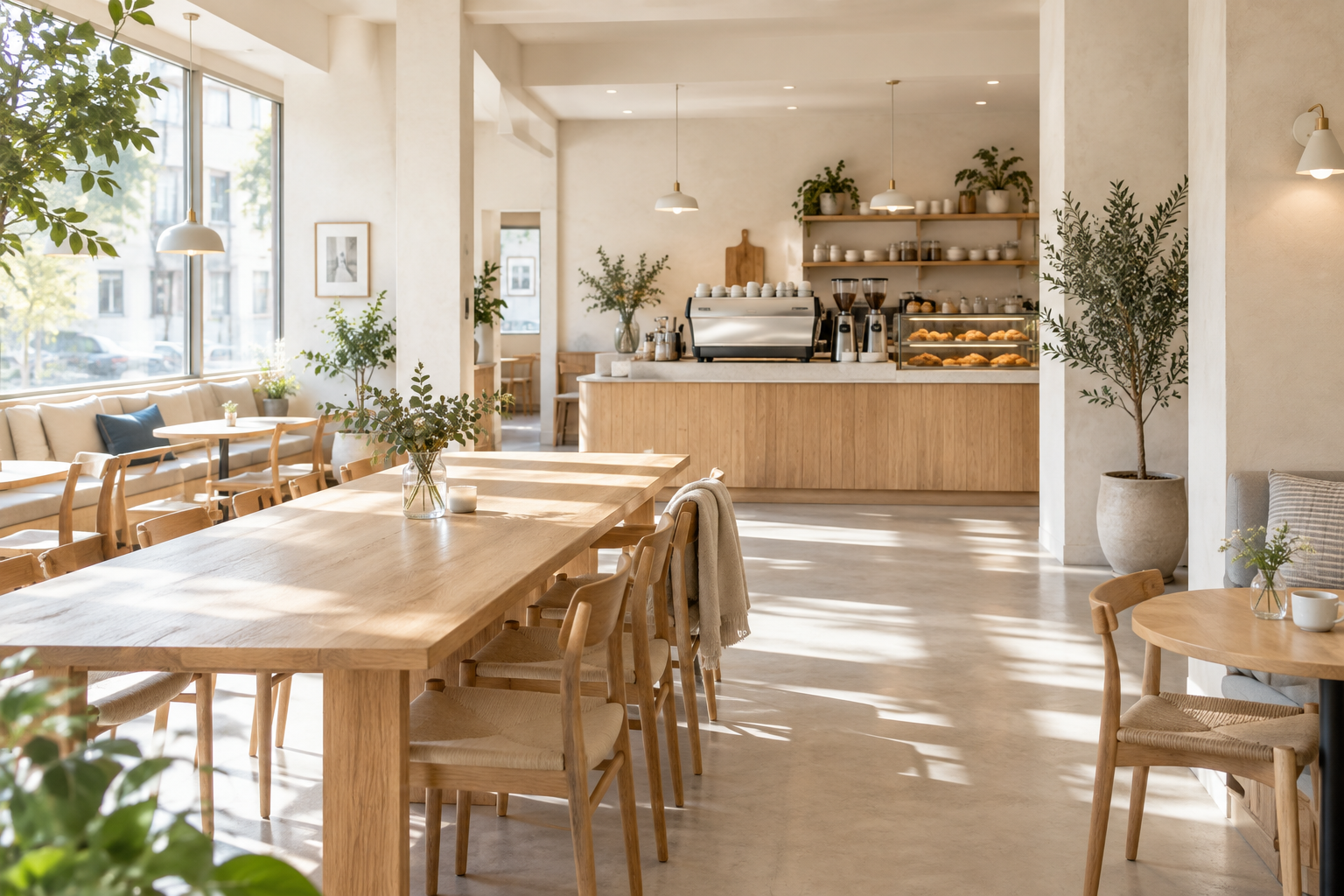 Sunlit North Dock Coffee interior with pale plaster walls, light wood tables, counter seating, and soft morning light.