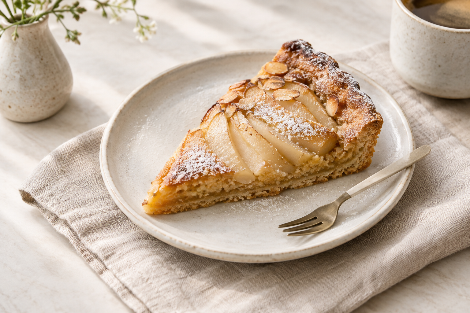 Rustic pear and almond tart slice with powdered sugar on a linen napkin