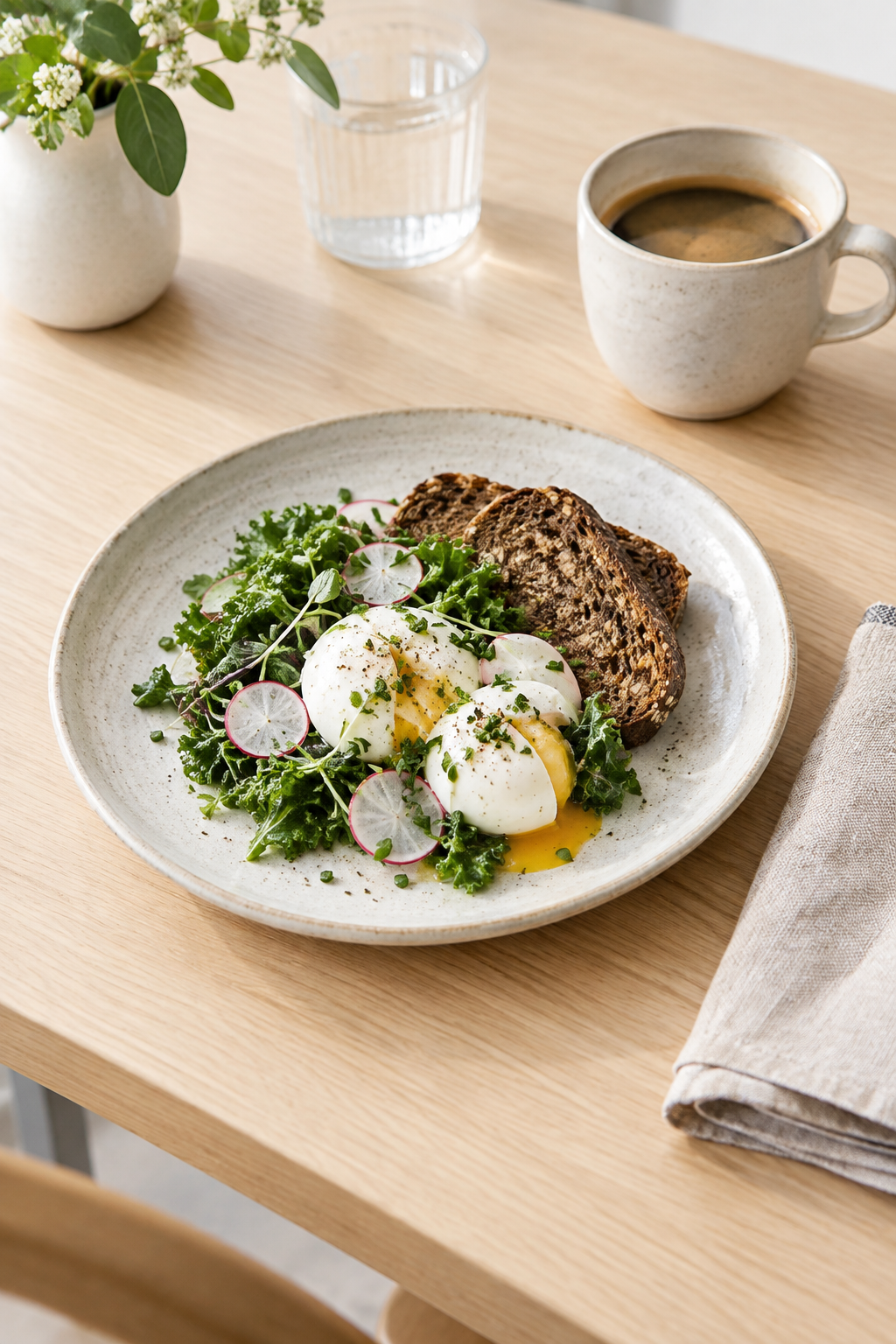 A seasonal breakfast plate with soft eggs, greens, rye toast, and a small linen napkin