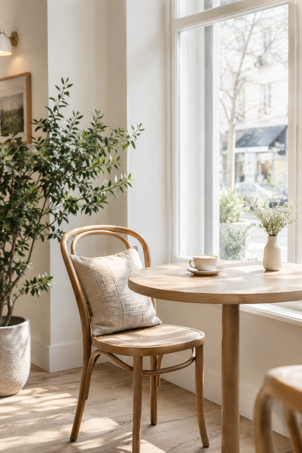 A quiet Scandinavian cafe corner with a pale wood chair, leafy plant, and bright window light