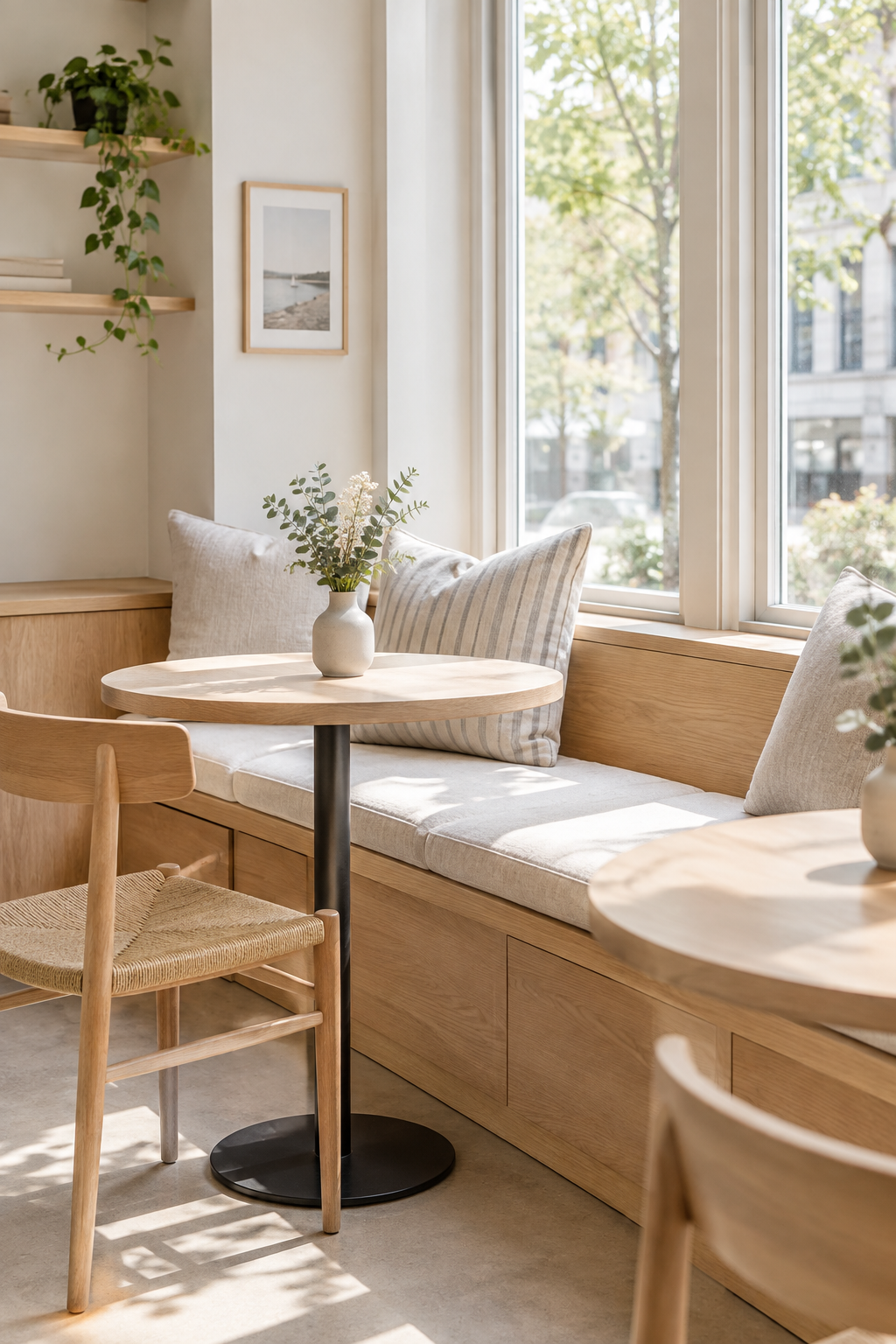 Light wood bench seating with linen cushions beside tall cafe windows