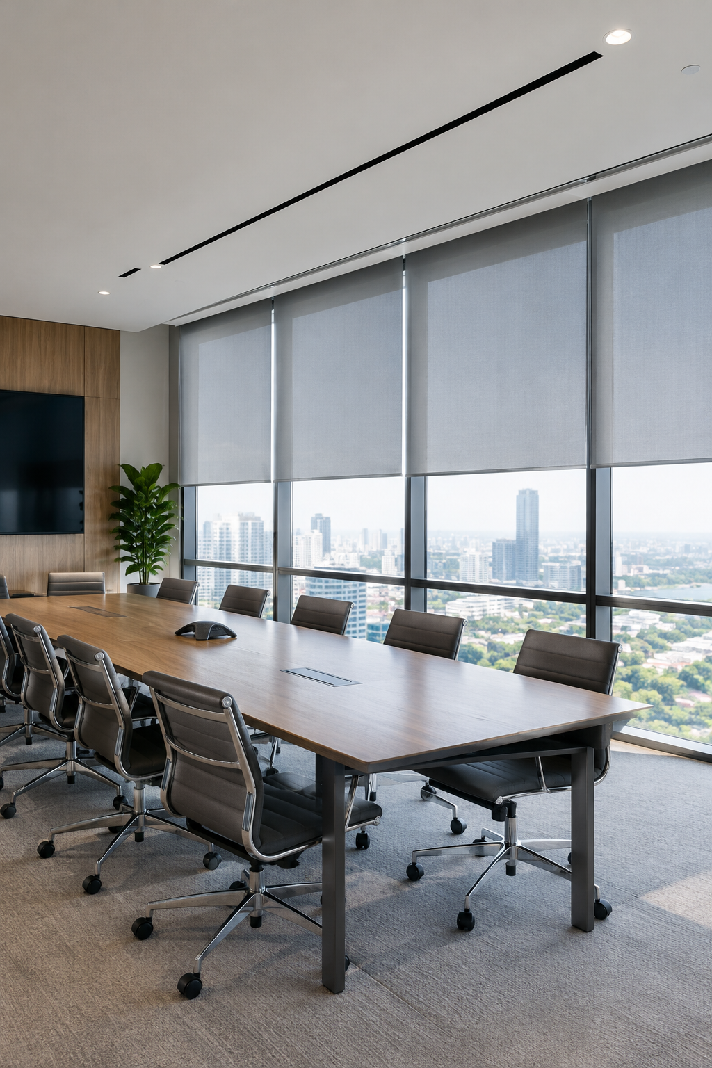 Commercial curtain and blind installation in a professional interior