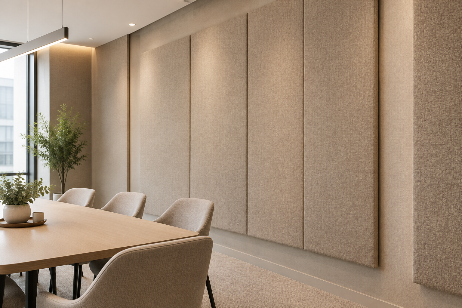Soft texture-rich acoustic fabric panels in a quiet interior with layered drapery and warm controlled lighting