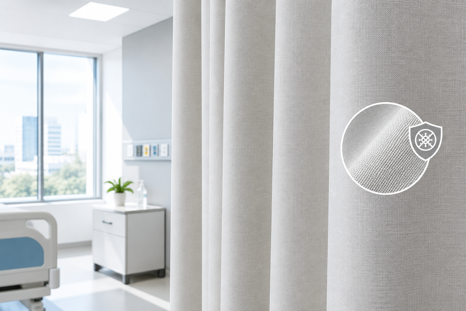 Clean hygiene-focused commercial fabric application with smooth light fabric panels in a clinical-style interior