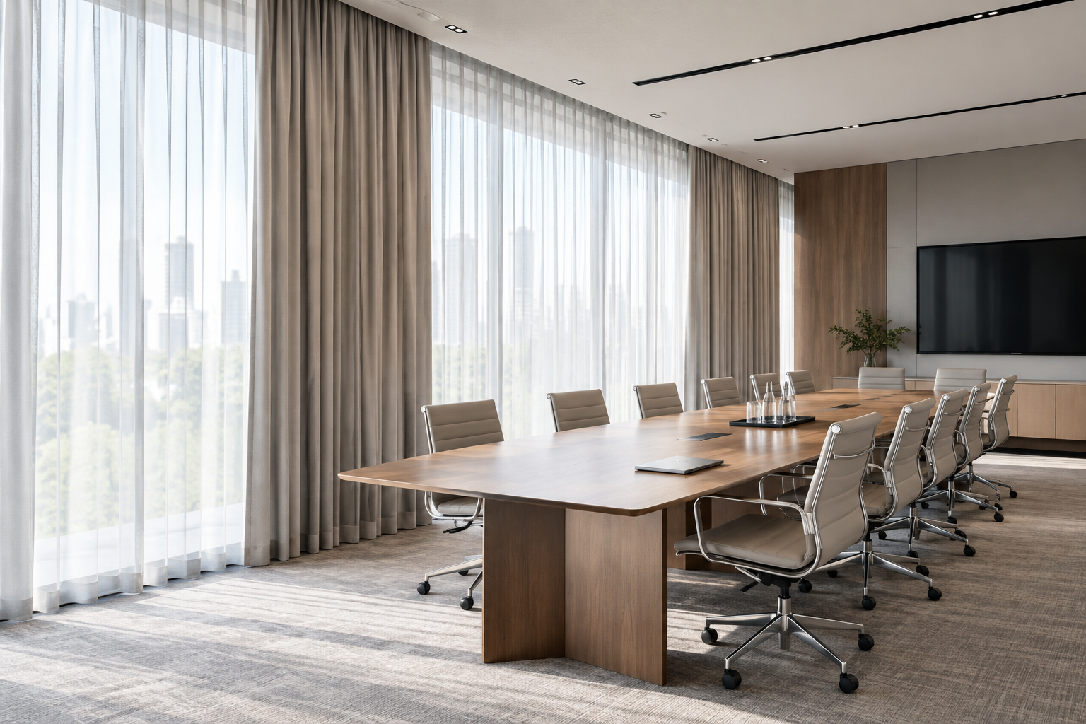 Commercial curtain system with full-height drapery in a polished office boardroom