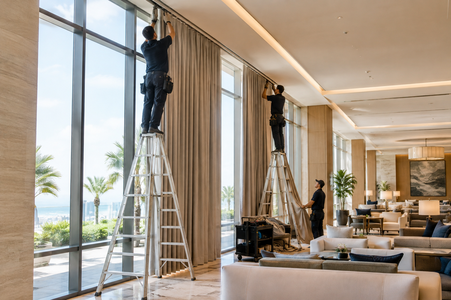 Commercial curtain installation specialists aligning tracks in a modern hotel lobby with warm natural indoor light