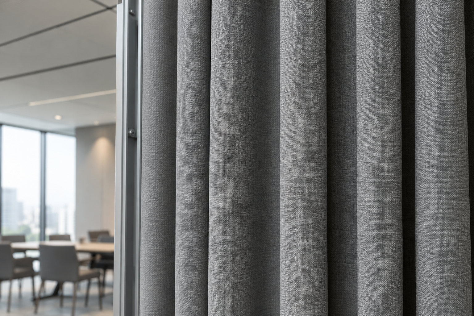 Technical commercial curtain fabric close-up with dense weave and drapery folds in a safety-led interior setting