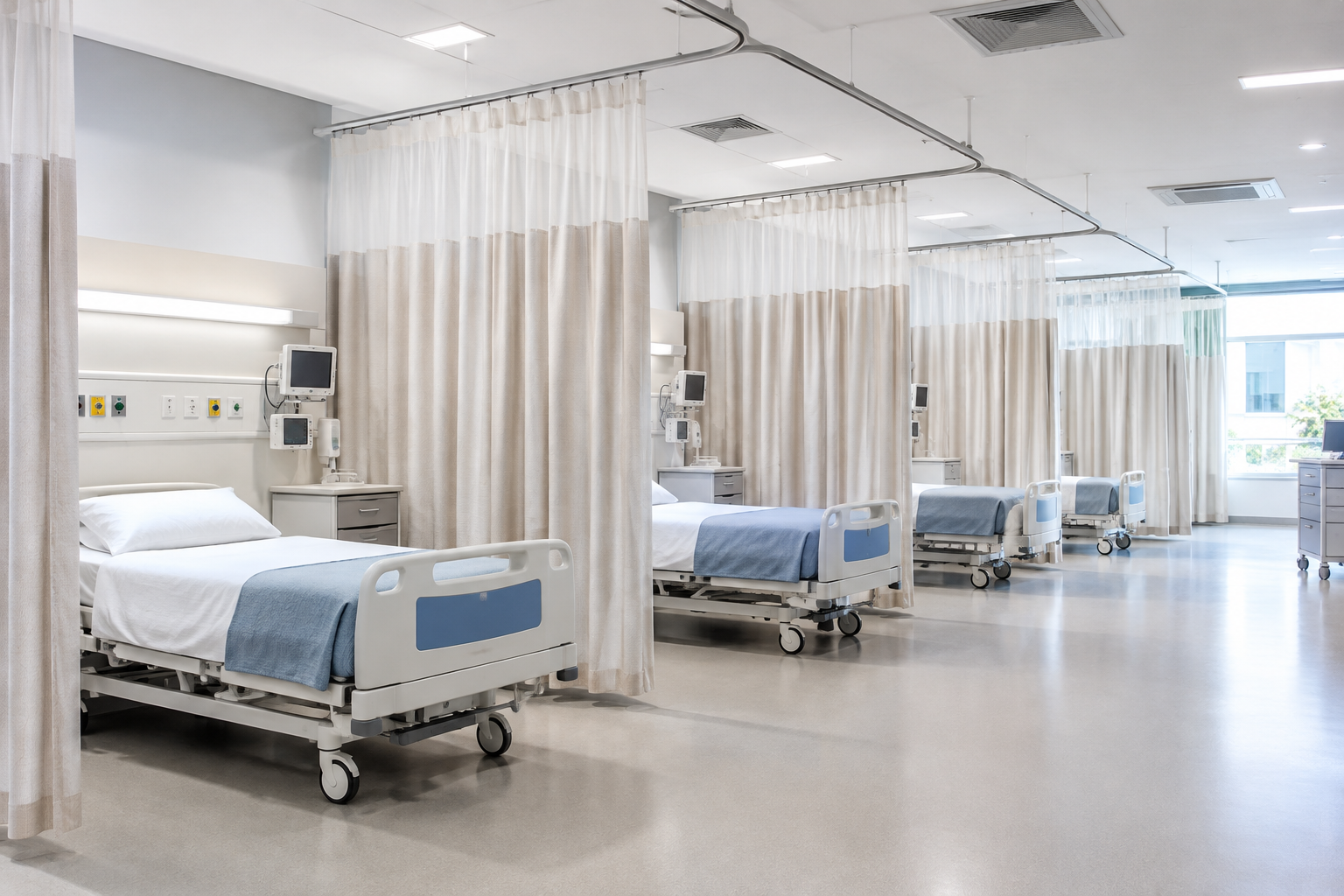 Healthcare treatment bay with privacy curtain tracks and hygienic fabric partitions