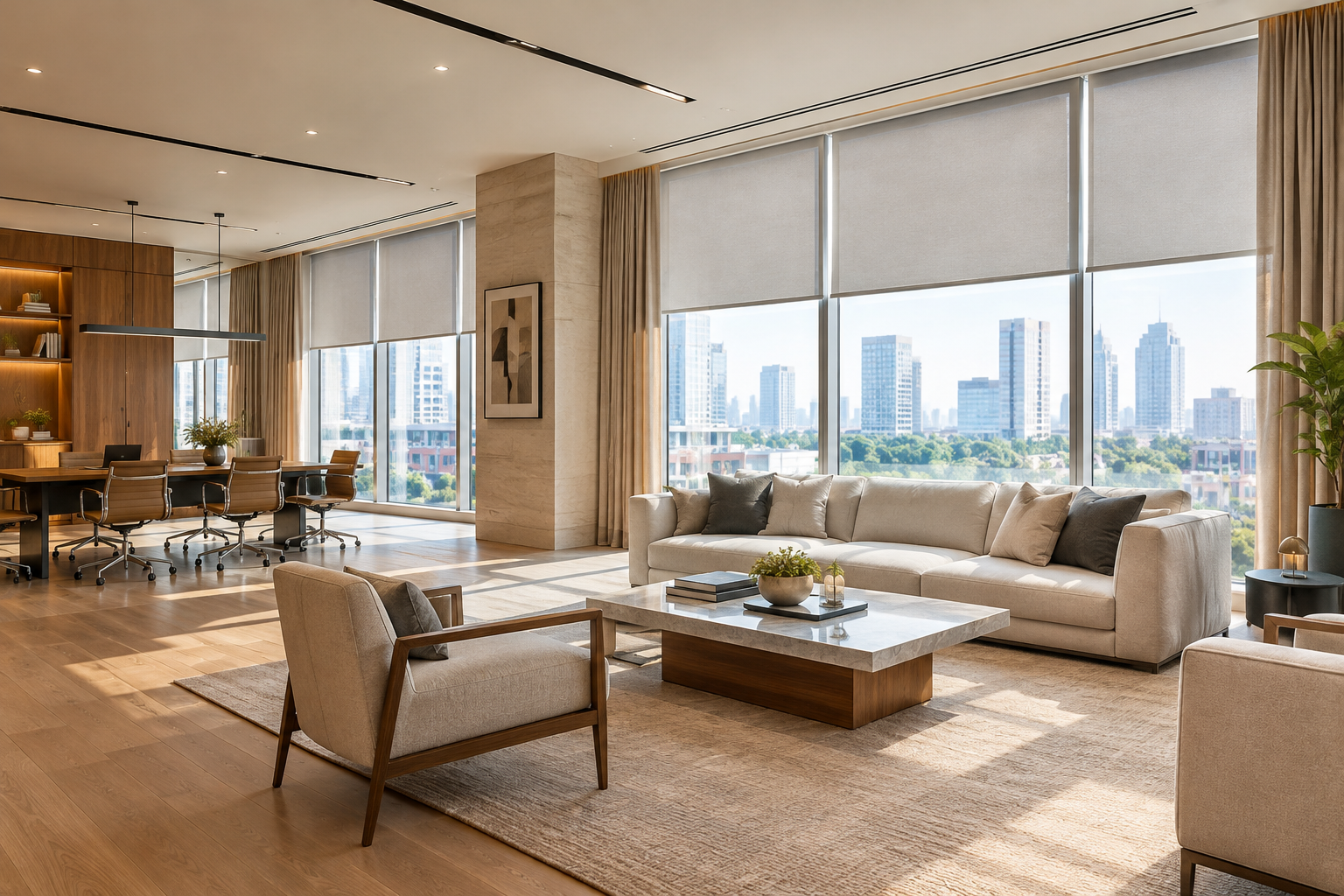 Polished commercial interior with large glazed windows, layered curtains, and precision-fitted blinds in a premium office lounge