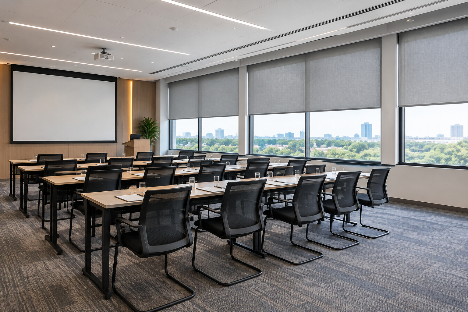 Indoor blind installation in a commercial training room with balanced daylight control