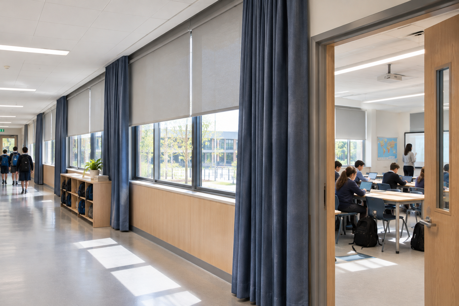 International school classroom corridor with practical blackout curtains and daylight-control blinds
