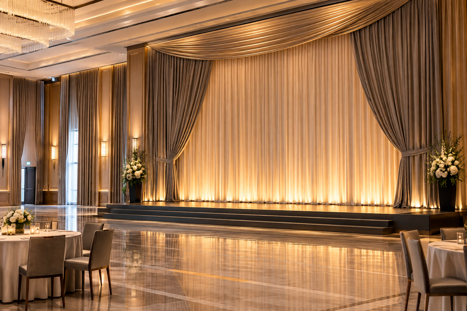 Elegant ballroom stage area with layered drapery, event curtains, and controlled ambient lighting