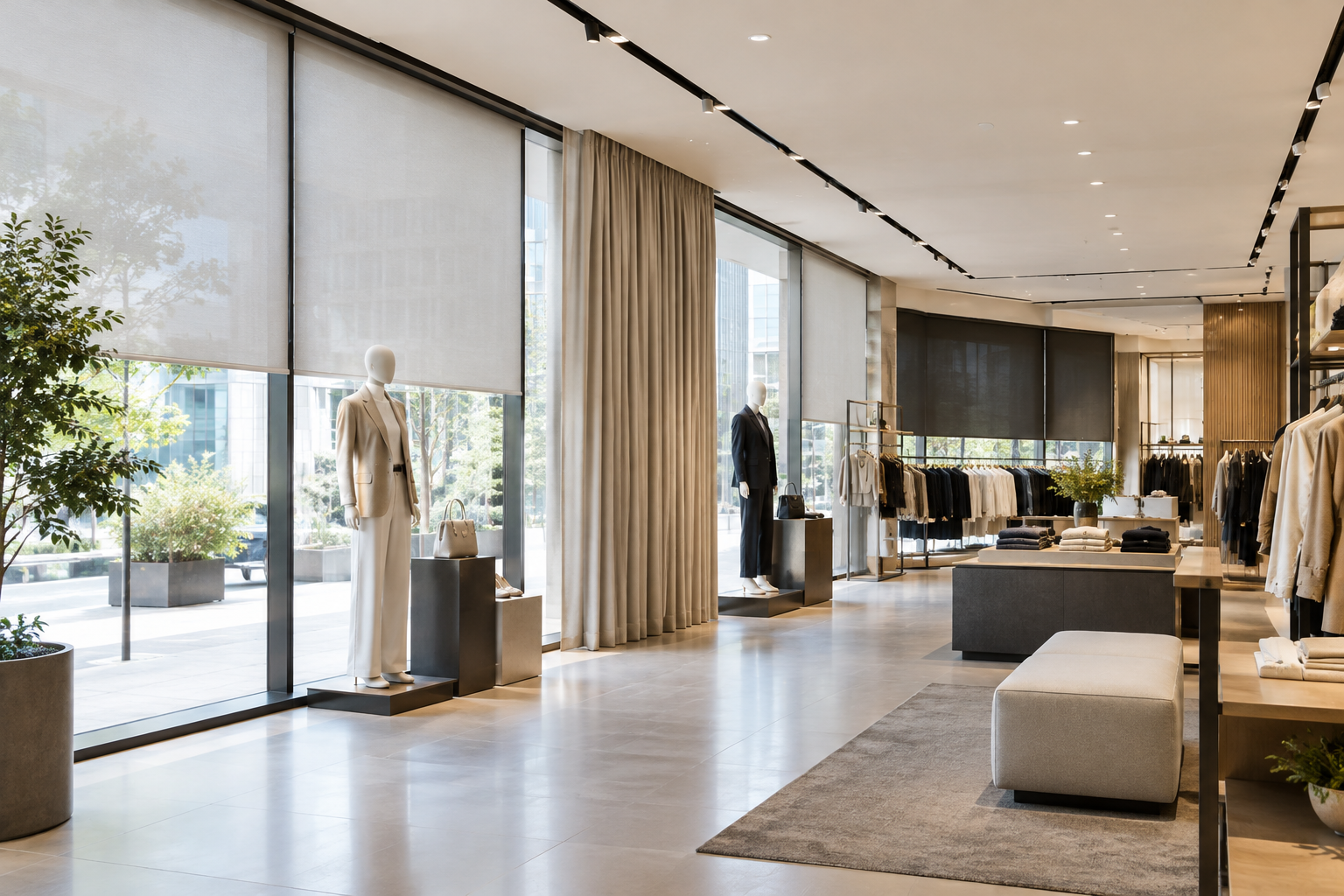 Contemporary retail outlet storefront interior with neat roller blind and curtain detailing