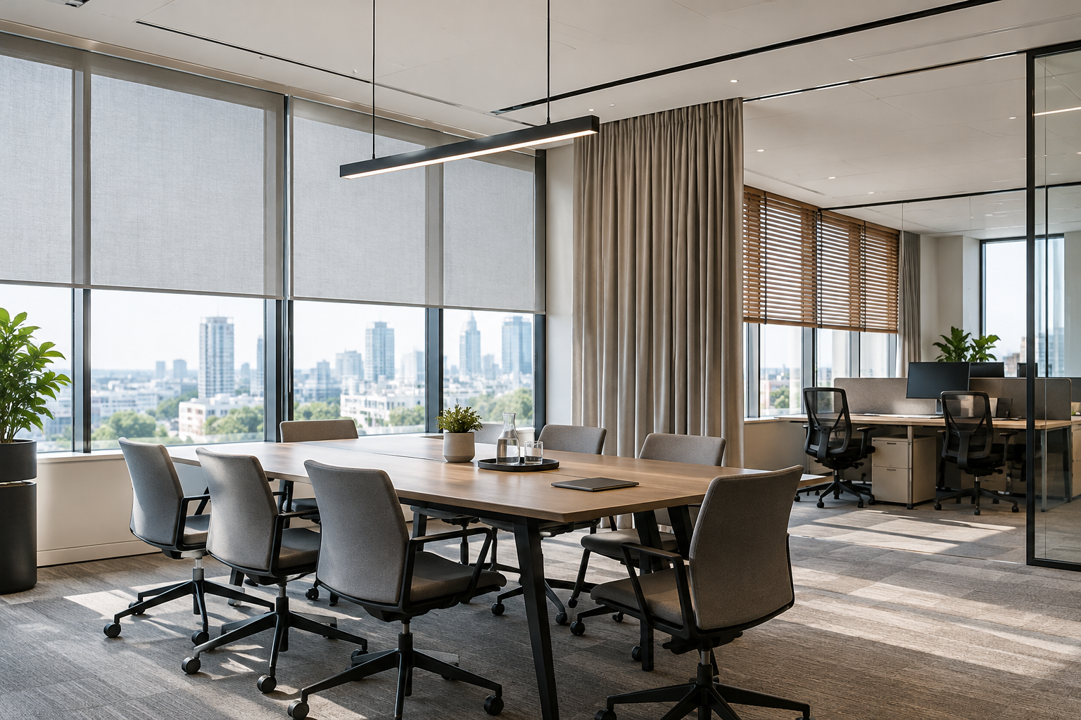Professional office workspace with installed blinds and curtain systems for glare control and privacy