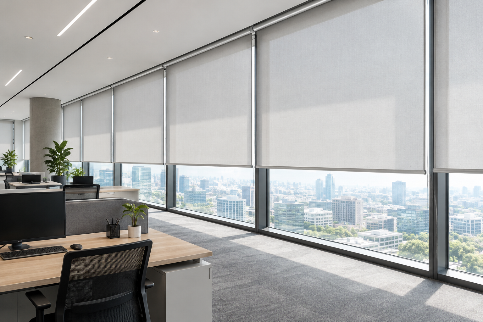 Minimal roller blinds installed across a bright commercial office window wall