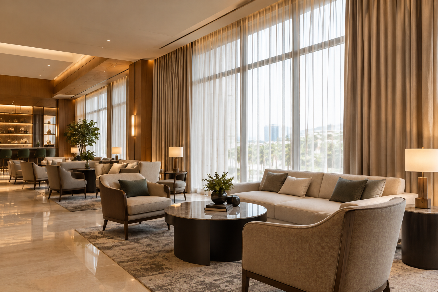 Contemporary hotel lounge with full-height window drapery and layered blackout curtains installed for a commercial hospitality interior
