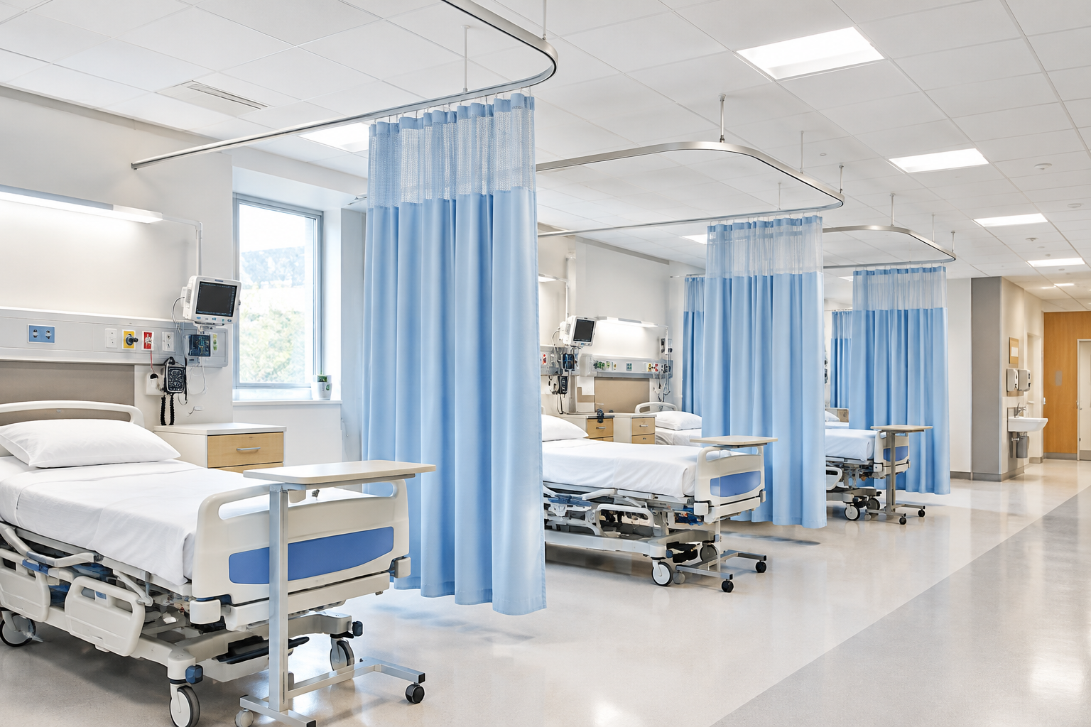 Healthcare ward bay fitted with durable privacy curtain tracks and antimicrobial technical curtain fabric