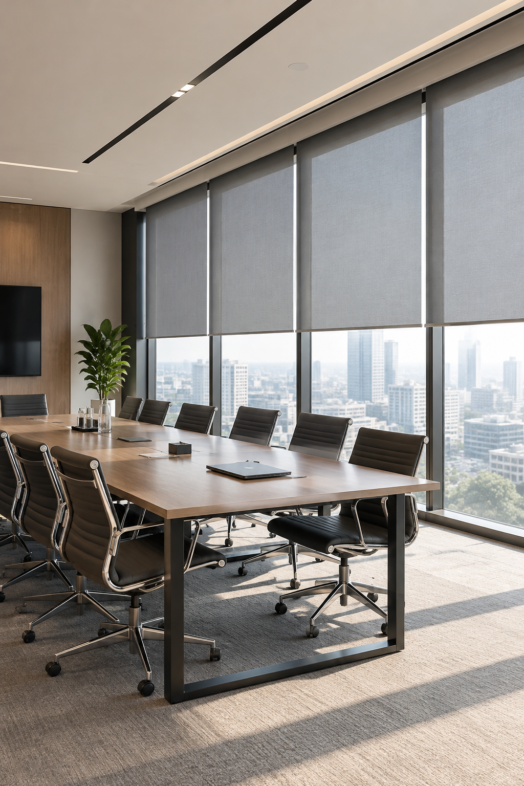 Modern corporate meeting room with roller blind installations across wide glazing in a daytime office setting