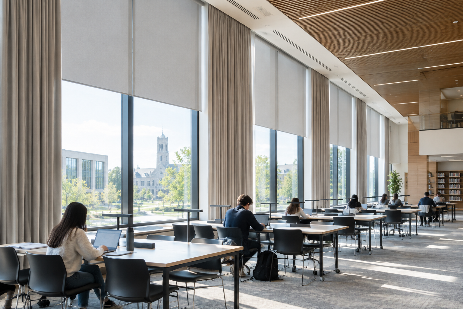 Modern university learning space with full-height window curtains and roller blind installations