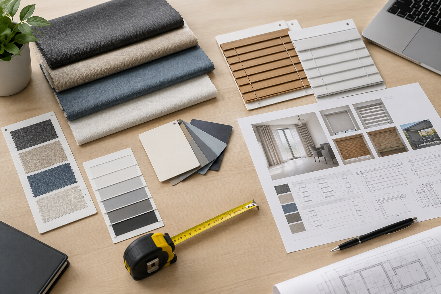 Curated set of commercial blind and curtain fabric swatches with specification sheets on a project planning desk