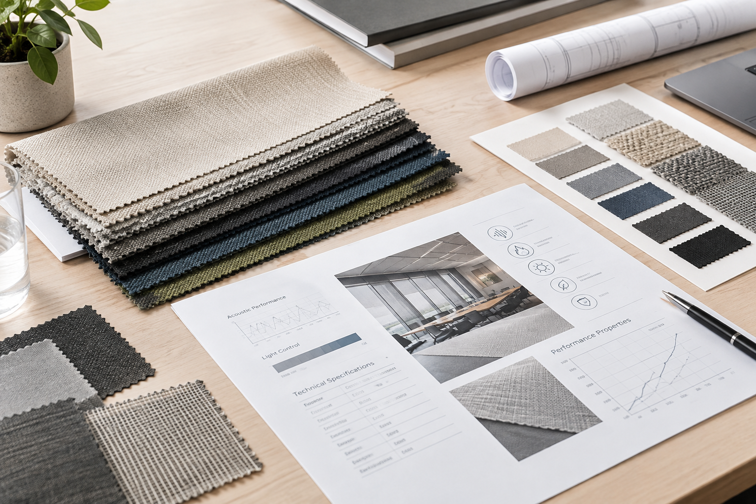 Technical fabric sample swatches and specification documents on a commercial project table