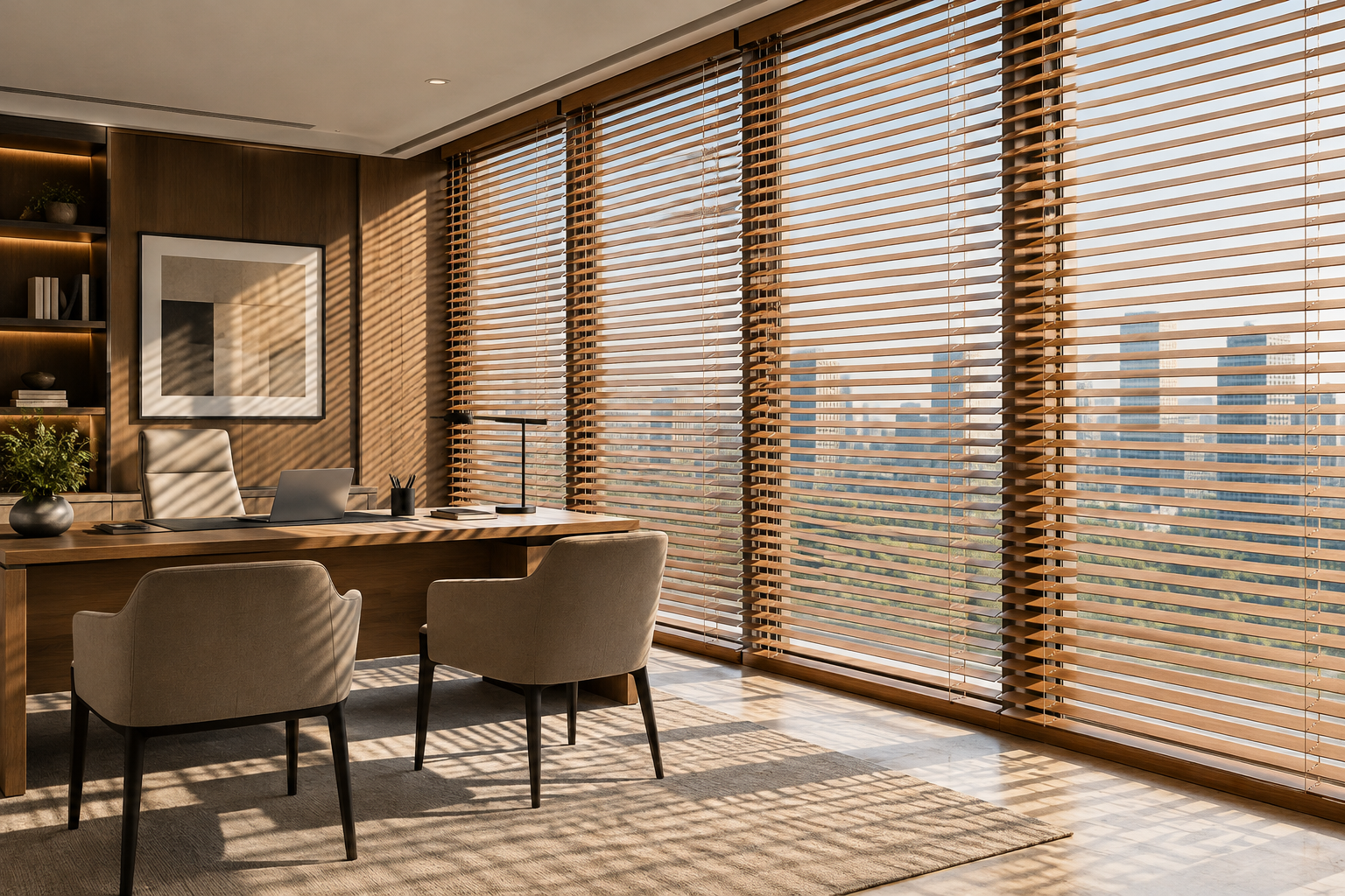 Refined timber wooden blind slats filtering light in an executive commercial interior