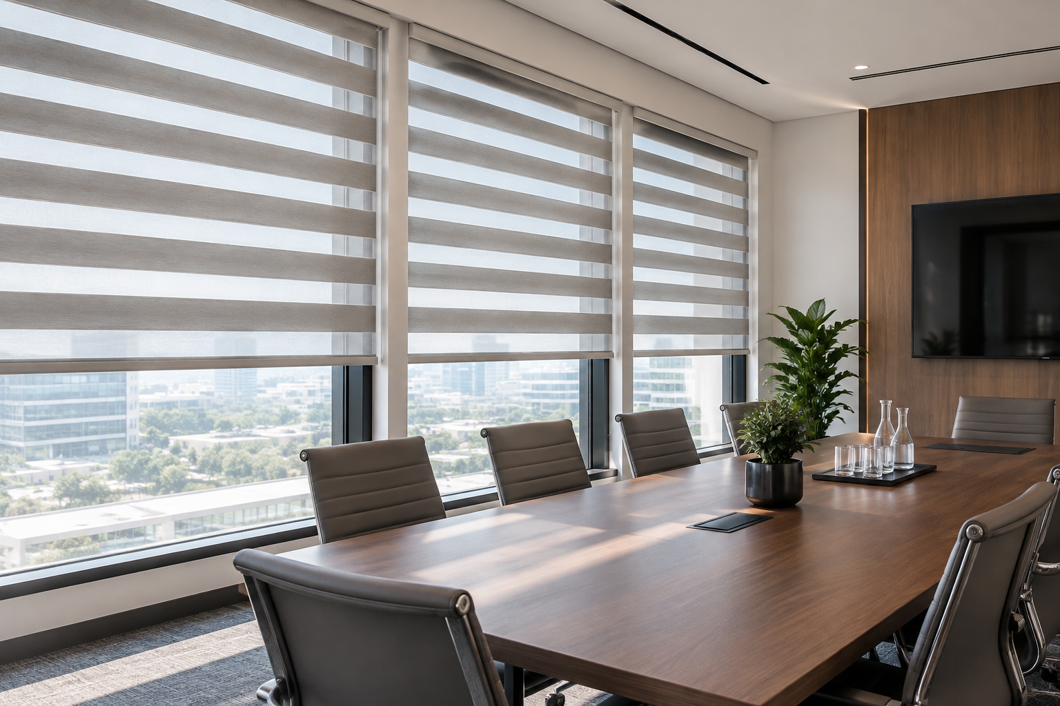 Zebra blinds with alternating sheer and opaque bands in a contemporary meeting space