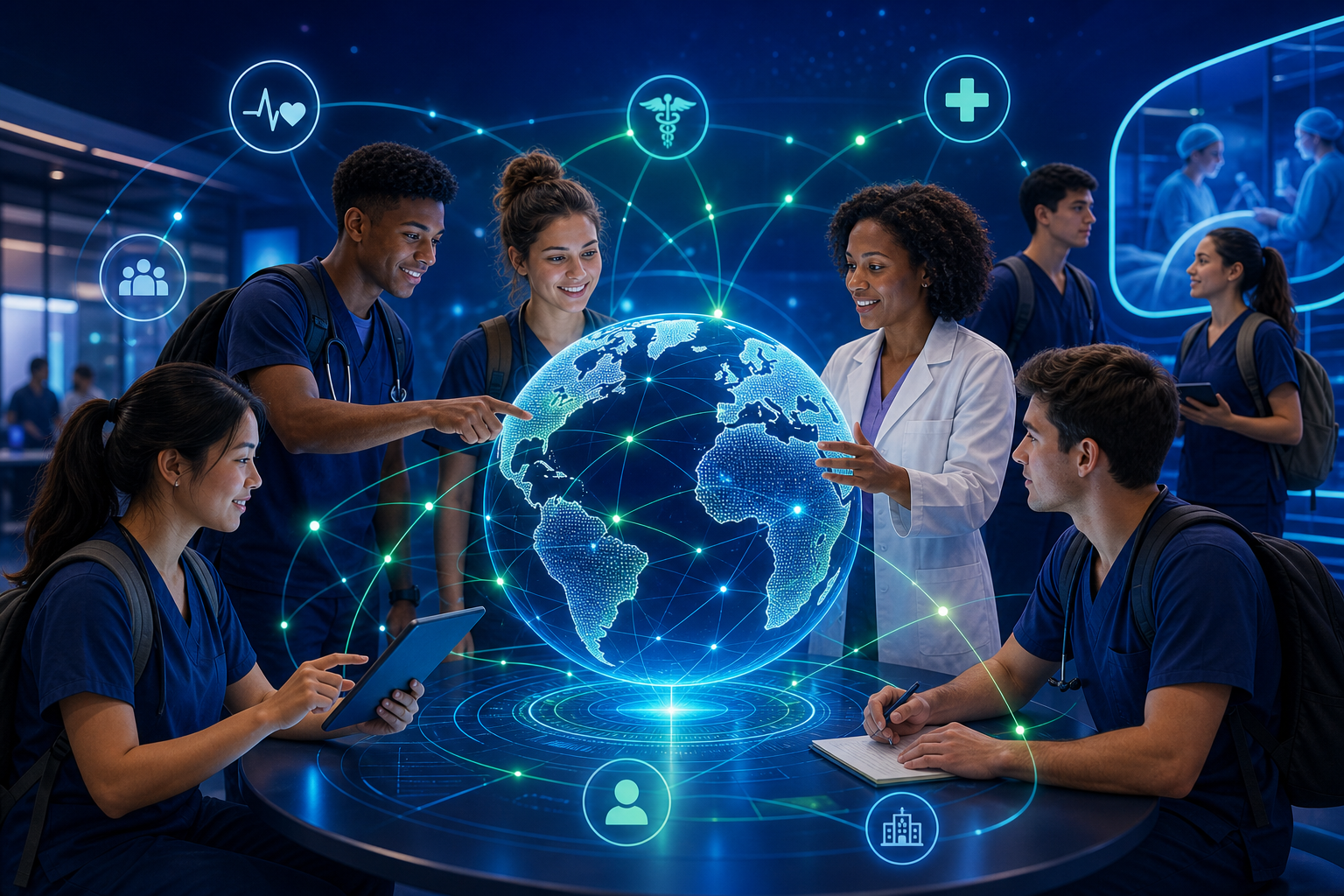 Futuristic healthcare education network with students and educators connected by glowing teal and cyan lines around a digital globe