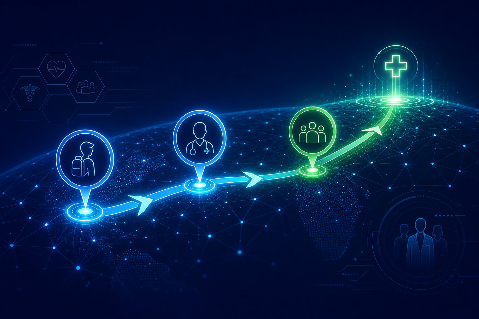 Futuristic healthcare career roadmap with connected nodes, subtle globe lines, and pathway milestones