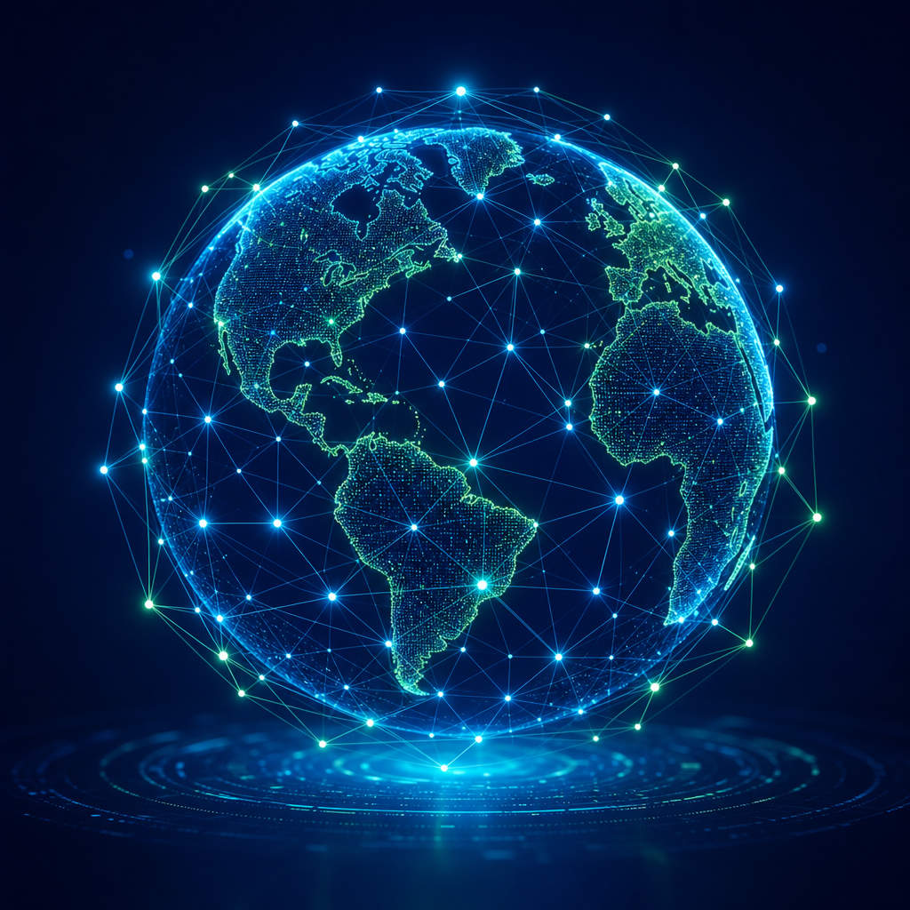 Futuristic digital globe made of glowing network lines and nodes in cyan and green on a deep indigo background