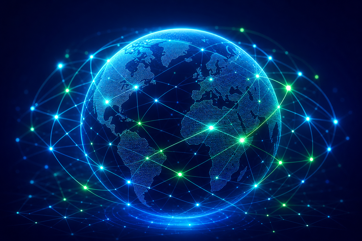 Glowing digital globe with interconnected nodes in cyan and green