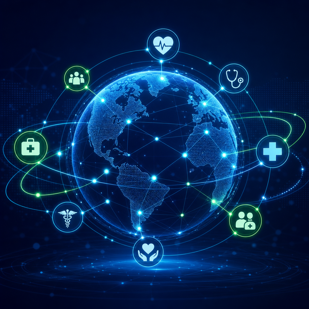 Illustration of a glowing healthcare network globe with connected nodes, rings, and medical icons