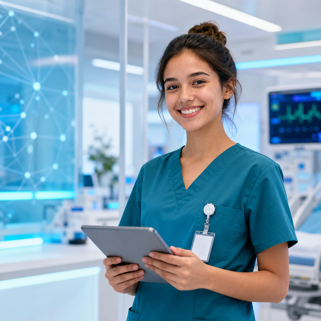Confident healthcare apprentice wearing teal scrubs and holding a digital tablet in a modern clinic