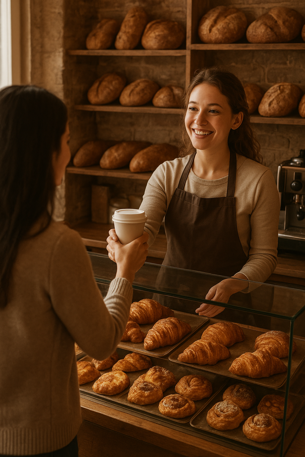 Welcoming neighborhood bakery counter with fresh pastries, bread shelves, and a barista serving coffee