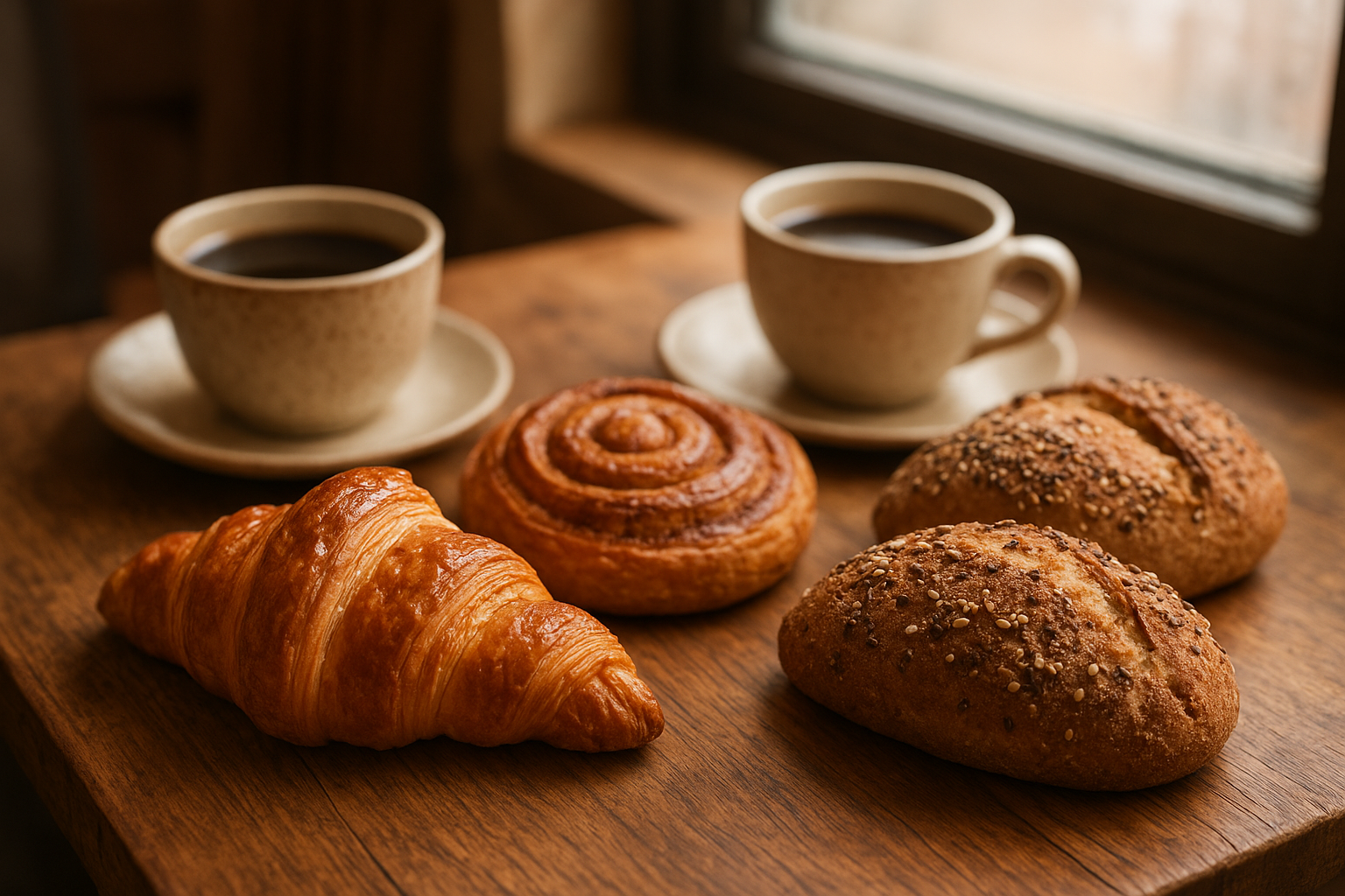 A warm neighborhood bakery table with flaky pastries, rustic bread loaves, and fresh coffee served in ceramic cups