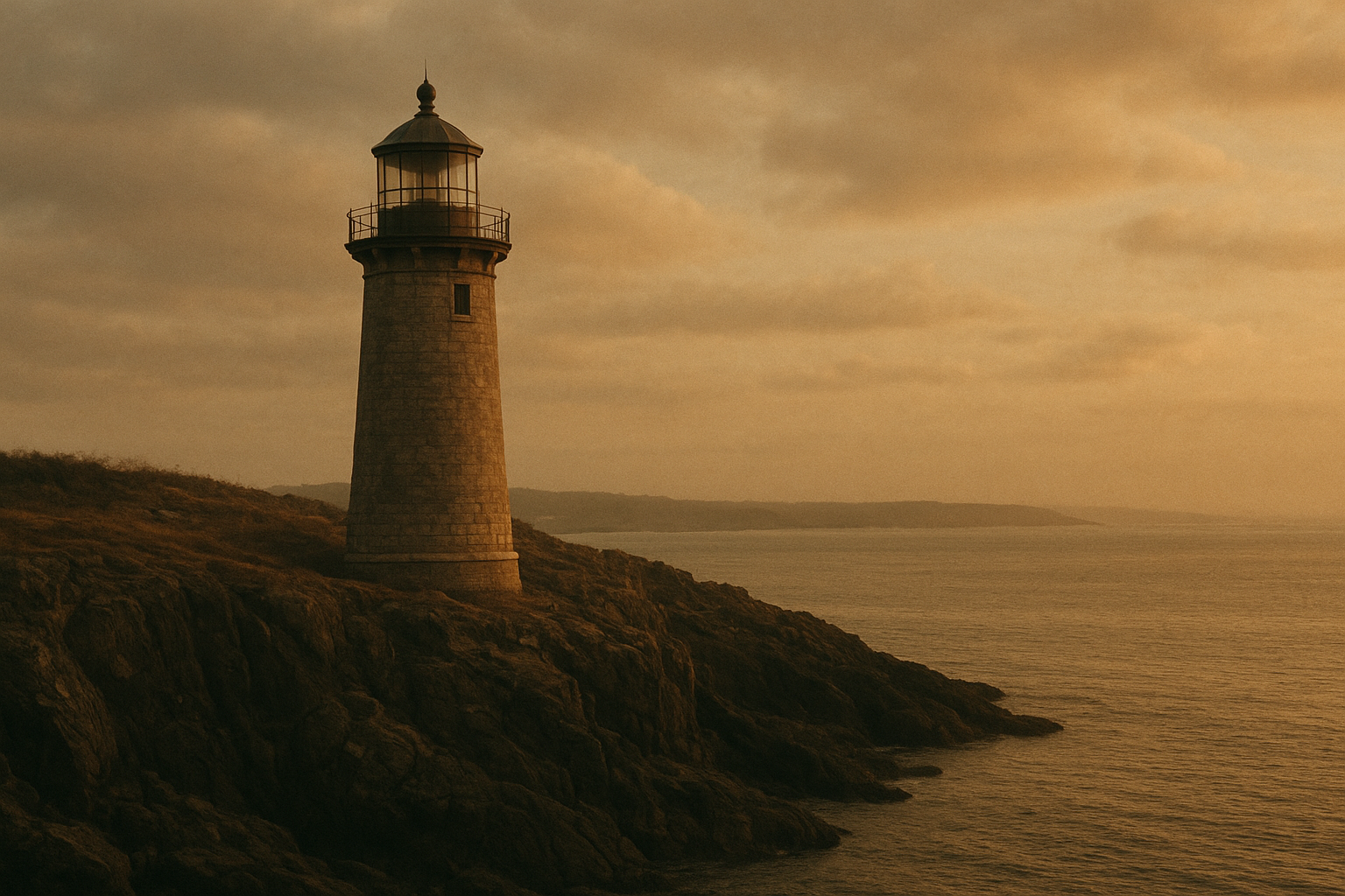 Archival-style view of a northern coastline lighthouse on rugged cliffs under soft evening light