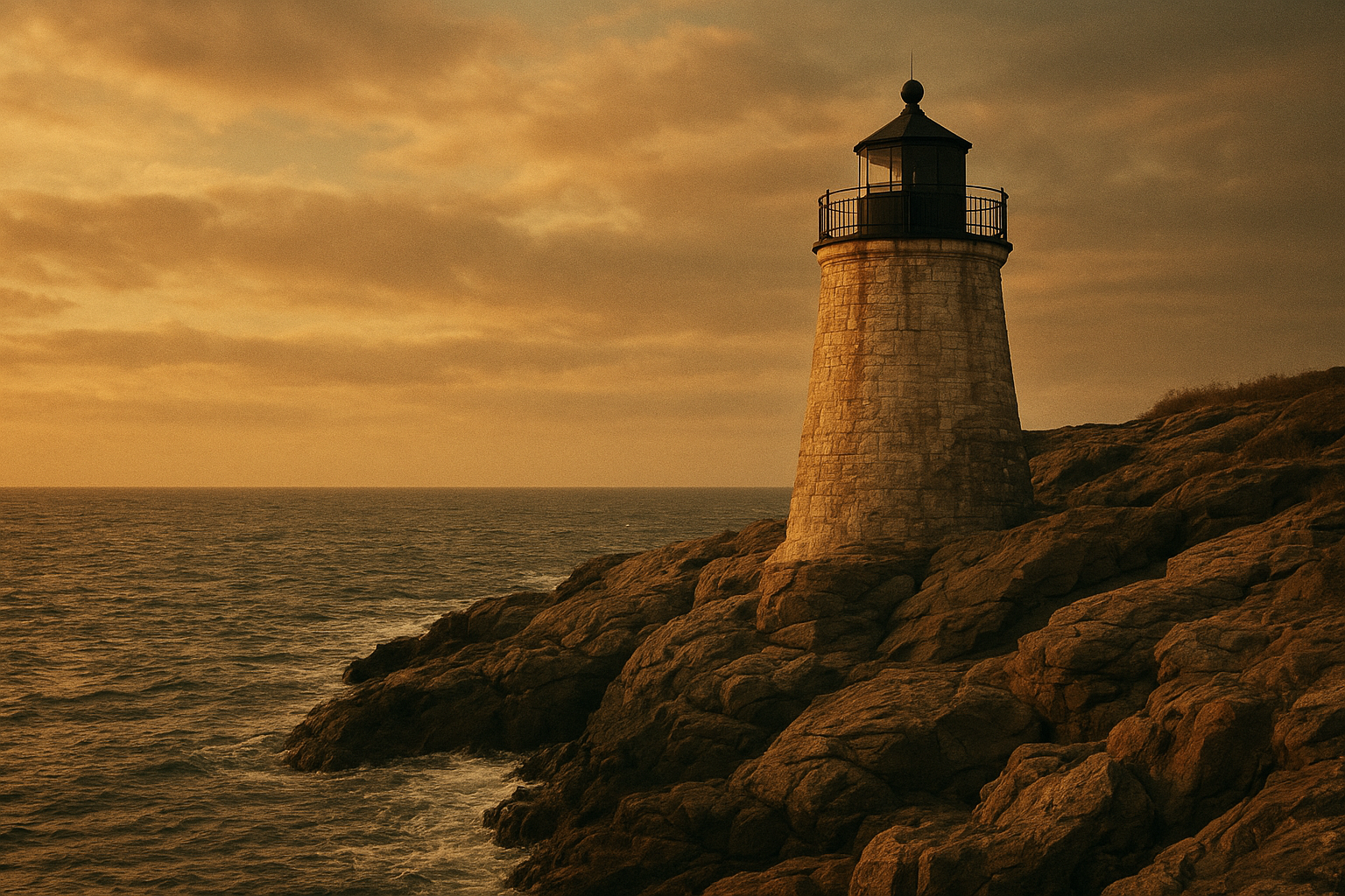 Dramatic northern coast lighthouse on rugged stone cliffs at dusk, with textured sea and warm atmospheric sky in archival film style