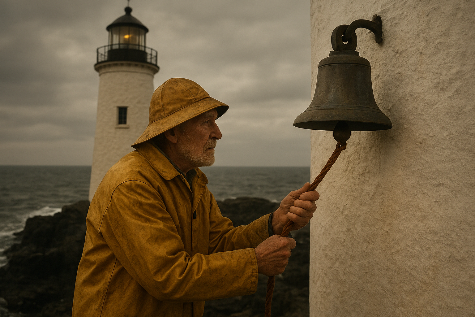 Elderly male keeper in an oilskin coat pulling a fog bell rope at dusk near a white tower, waves breaking against dark basalt rocks