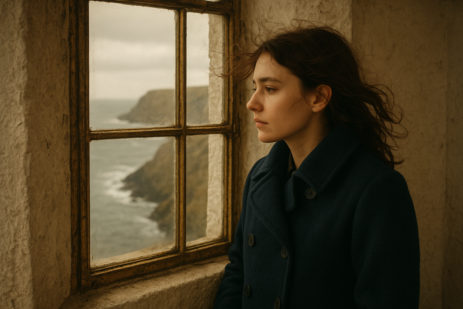 Young female lighthouse keeper in a navy wool coat standing beside a brass lantern room window, windblown hair and sea cliffs behind