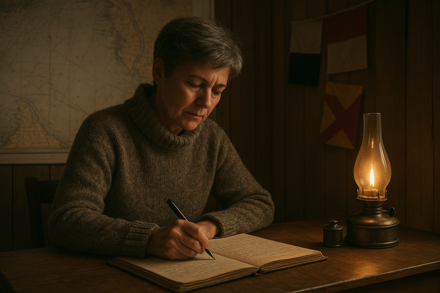 Middle-aged lighthouse keeper seated at a wooden desk, writing in a weathered logbook with charts and signal flags pinned behind