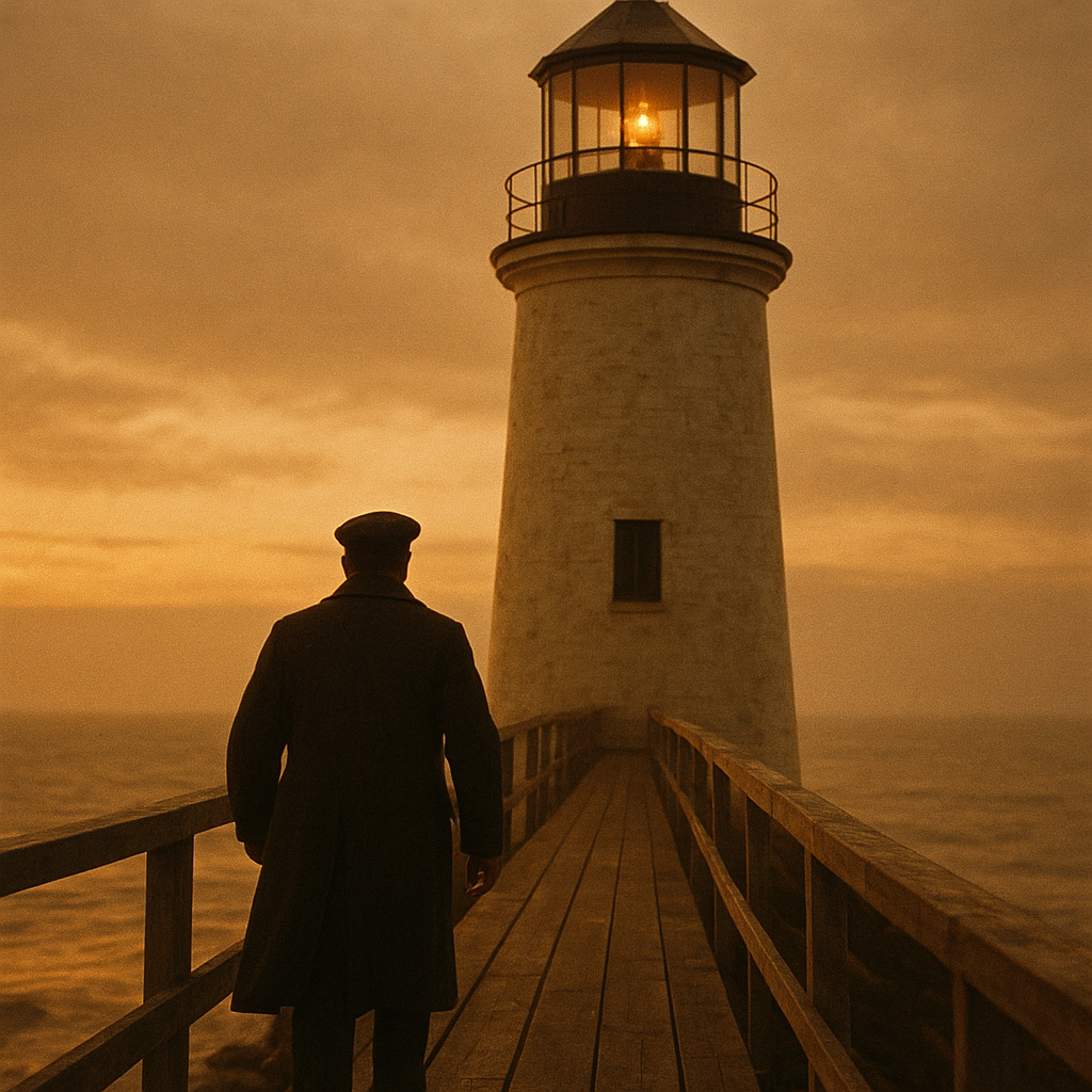 Warm-toned evening photograph of a lighthouse keeper walking a timber catwalk toward the lantern tower