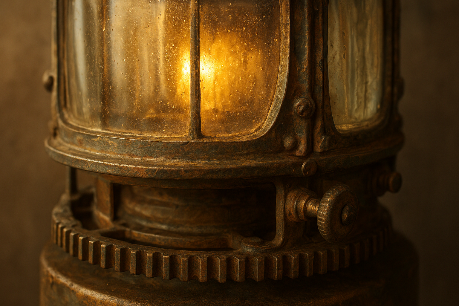Close view of aged lighthouse lantern glass with brass signal components and salt-worn texture