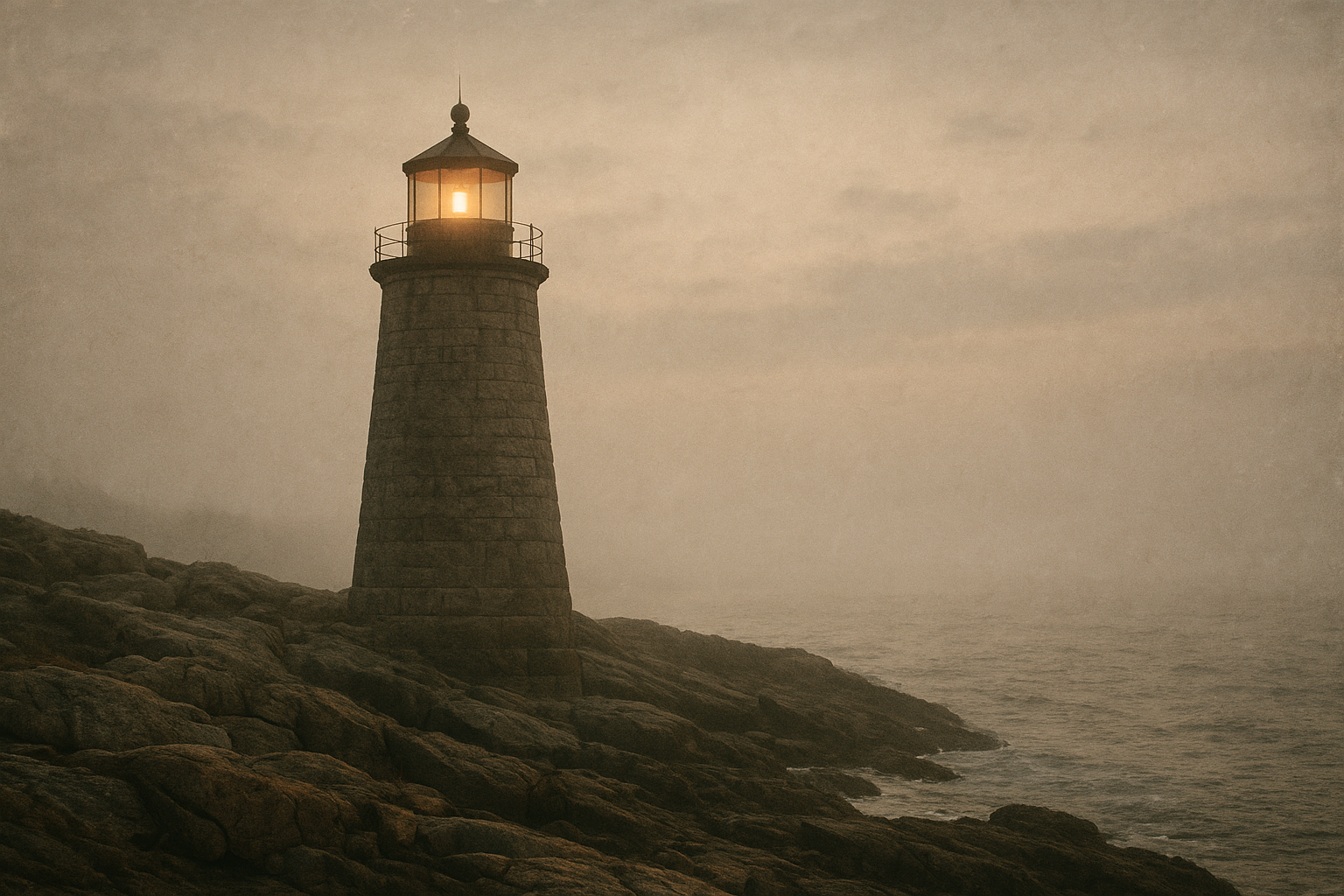 Large-format archival photograph of Northwatch Lighthouse on a misty dawn shoreline, weathered stone tower and lantern room glowing softly