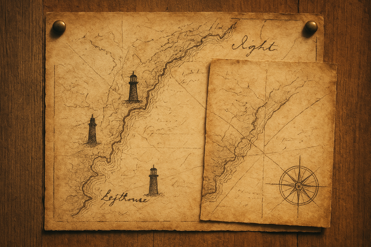 Warm archival reference board with hand-drawn coastline map details, lighthouse markers, compass lines, and weathered paper textures