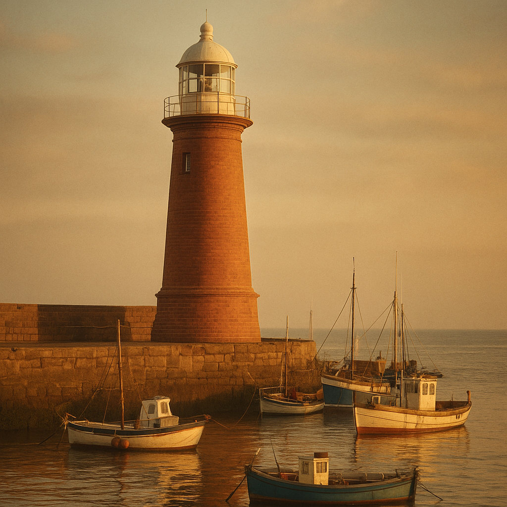 Color-restored harbor photograph of a preserved brick lighthouse tower overlooking moored fishing boats at golden hour