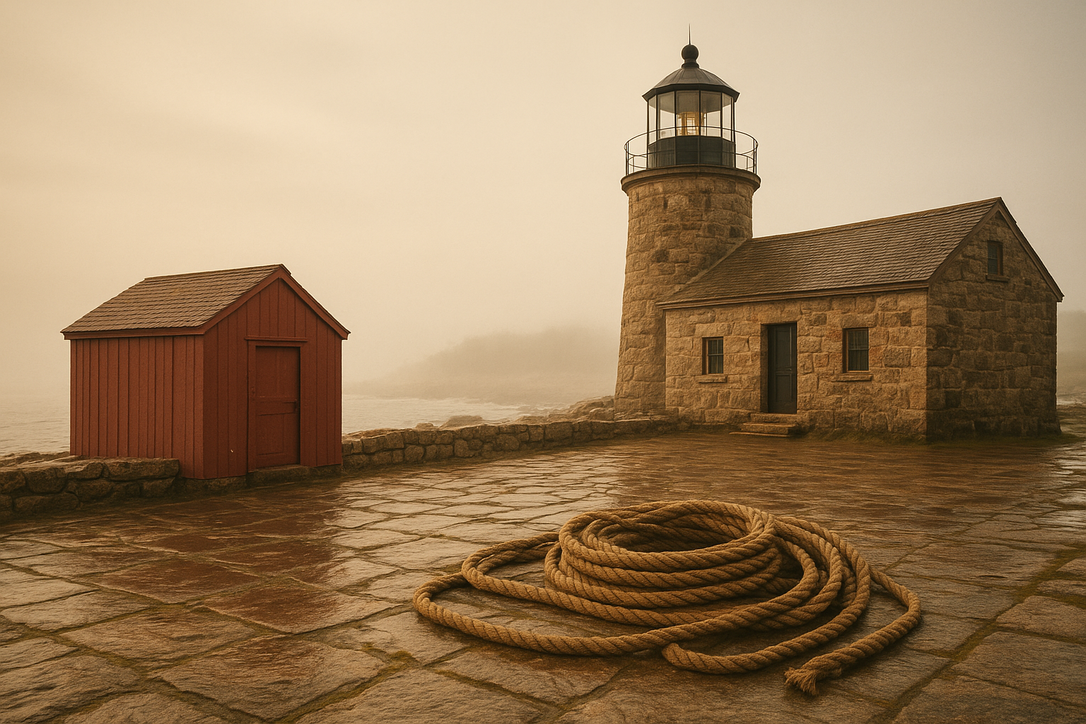 Stone lighthouse station yard with a red-painted oil shed, coiled rope, and early morning mist over a rocky shoreline