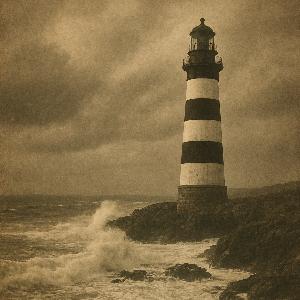 Archival coastal image of a black-and-white striped lighthouse above rough surf with windswept clouds